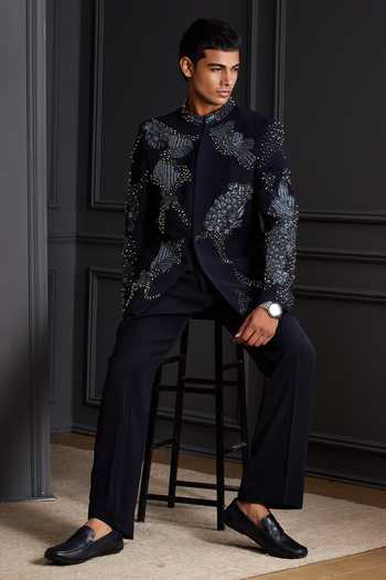 Soniya G_Navy Suiting Sequins, Beads, Zari, Stones Crown Embroidered Bandhgala Set _at_Aza_Fashions