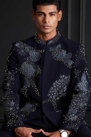 Buy_Soniya G_Navy Suiting Sequins, Beads, Zari, Stones Crown Embroidered Bandhgala Set 