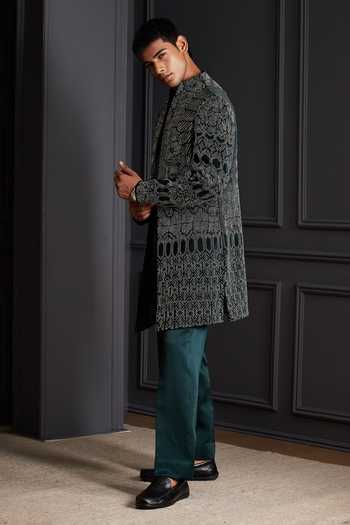 Shop Soniya G Green Silk, Velvet Shadow Weave Embroidered Sherwani Set Online at Aza Fashions Shop_Soniya G_Green Silk, Velvet Shadow Weave Embroidered Sherwani Set _Online_at_Aza_Fashions