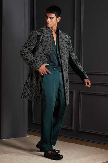 Soniya G Green Silk, Velvet Shadow Weave Embroidered Sherwani Set at Aza Fashions Soniya G_Green Silk, Velvet Shadow Weave Embroidered Sherwani Set _at_Aza_Fashions