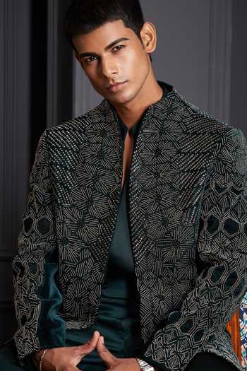Shop Soniya G Green Silk, Velvet Shadow Weave Embroidered Sherwani Set Shop_Soniya G_Green Silk, Velvet Shadow Weave Embroidered Sherwani Set
