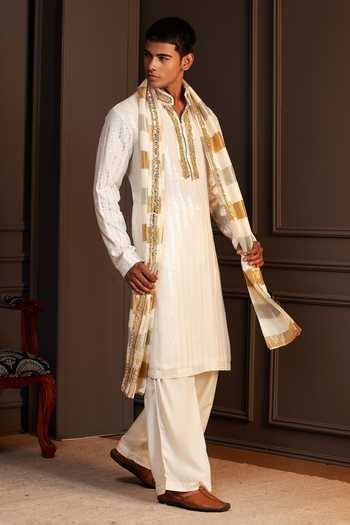 Soniya G Gold Georgette Ivaan Linear Sequin Kurta Set With Stole at Aza Fashions Soniya G_Gold Georgette Ivaan Linear Sequin Kurta Set With Stole _at_Aza_Fashions