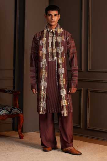 Shop Soniya G Brown Georgette Kair Embroidered Kurta Set With Stole Online at Aza Fashions Shop_Soniya G_Brown Georgette Kair Embroidered Kurta Set With Stole _Online_at_Aza_Fashions