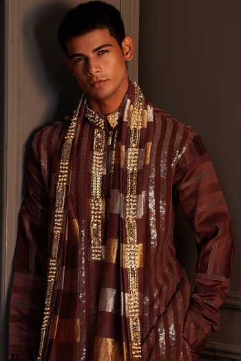 Soniya G Brown Georgette Kair Embroidered Kurta Set With Stole at Aza Fashions Soniya G_Brown Georgette Kair Embroidered Kurta Set With Stole _at_Aza_Fashions