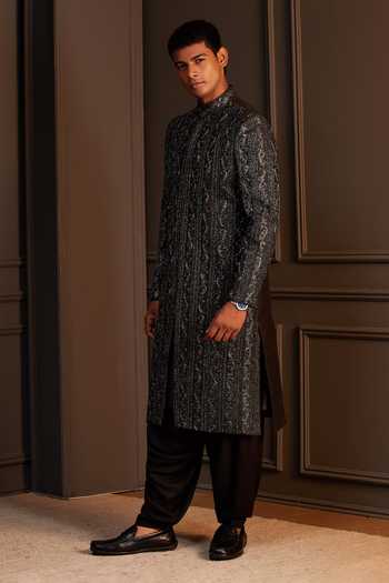 Shop Soniya G Black Silk Ruhan Embroidered Sherwani Set Online at Aza Fashions Shop_Soniya G_Black Silk Ruhan Embroidered Sherwani Set _Online_at_Aza_Fashions