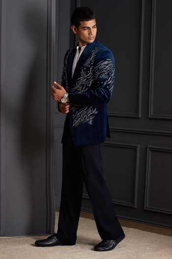 Buy_Soniya G_Blue Cotton, Velvet Zari, Stones Imperial Embroidered Tuxedo Set _Online_at_Aza_Fashions