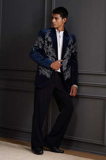 Soniya G_Blue Cotton, Velvet Zari, Stones Imperial Embroidered Tuxedo Set _at_Aza_Fashions