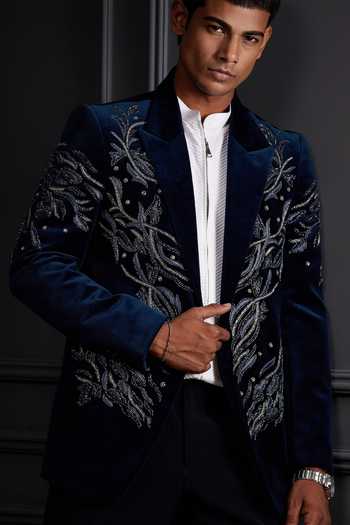 Buy_Soniya G_Blue Cotton, Velvet Zari, Stones Imperial Embroidered Tuxedo Set 