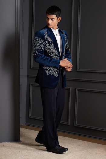 Shop_Soniya G_Blue Cotton, Velvet Zari, Stones Imperial Embroidered Tuxedo Set 