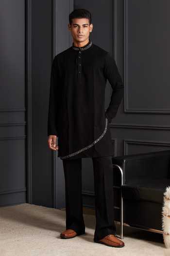 Buy_Soniya G_Black Cotton, Velvet Nayab Noir Embroidered Jacket And Kurta Set _Online_at_Aza_Fashions