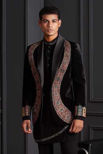 Shop_Soniya G_Black Cotton, Velvet Nayab Noir Embroidered Jacket And Kurta Set _Online_at_Aza_Fashions