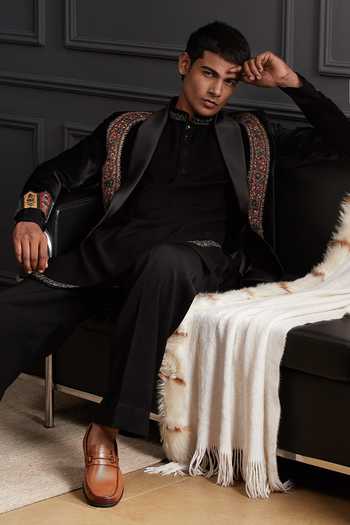 Shop_Soniya G_Black Cotton, Velvet Nayab Noir Embroidered Jacket And Kurta Set 