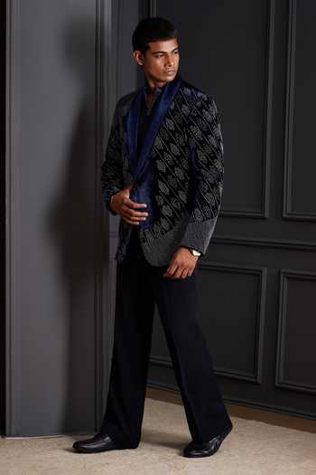Shop Soniya G Navy Cotton, Velvet Beads, Zari Royal Matrix Embroidered Tuxedo Set Online at Aza Fashions Shop_Soniya G_Navy Cotton, Velvet Beads, Zari Royal Matrix Embroidered Tuxedo Set _Online_at_Aza_Fashions