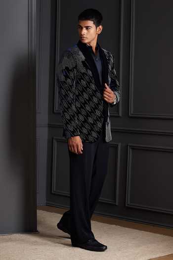 Buy Soniya G Navy Cotton, Velvet Beads, Zari Royal Matrix Embroidered Tuxedo Set Buy_Soniya G_Navy Cotton, Velvet Beads, Zari Royal Matrix Embroidered Tuxedo Set