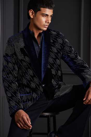 Shop Soniya G Navy Cotton, Velvet Beads, Zari Royal Matrix Embroidered Tuxedo Set Shop_Soniya G_Navy Cotton, Velvet Beads, Zari Royal Matrix Embroidered Tuxedo Set