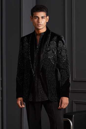 Buy_Soniya G_Black Cotton, Velvet Beads Rooh Noir Embroidered Tuxedo Set _Online_at_Aza_Fashions