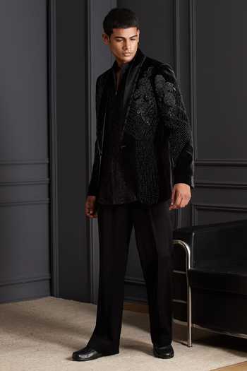 Shop_Soniya G_Black Cotton, Velvet Beads Rooh Noir Embroidered Tuxedo Set _Online_at_Aza_Fashions