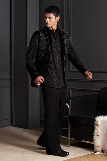 Buy_Soniya G_Black Cotton, Velvet Beads Rooh Noir Embroidered Tuxedo Set 