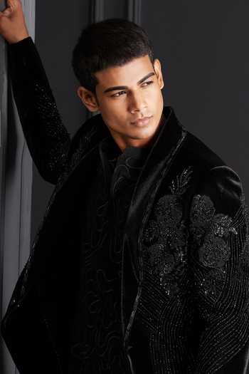 Shop_Soniya G_Black Cotton, Velvet Beads Rooh Noir Embroidered Tuxedo Set 