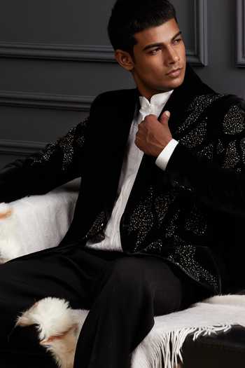 Shop Soniya G Black Cotton, Velvet Crystals, Beads Dark Blossom Embroidered Tuxedo Set Online at Aza Fashions Shop_Soniya G_Black Cotton, Velvet Crystals, Beads Dark Blossom Embroidered Tuxedo Set _Online_at_Aza_Fashions