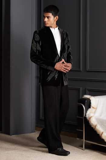 Buy Soniya G Black Cotton, Velvet Crystals, Beads Dark Blossom Embroidered Tuxedo Set Buy_Soniya G_Black Cotton, Velvet Crystals, Beads Dark Blossom Embroidered Tuxedo Set