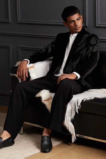 Shop Soniya G Black Cotton, Velvet Crystals, Beads Dark Blossom Embroidered Tuxedo Set Shop_Soniya G_Black Cotton, Velvet Crystals, Beads Dark Blossom Embroidered Tuxedo Set