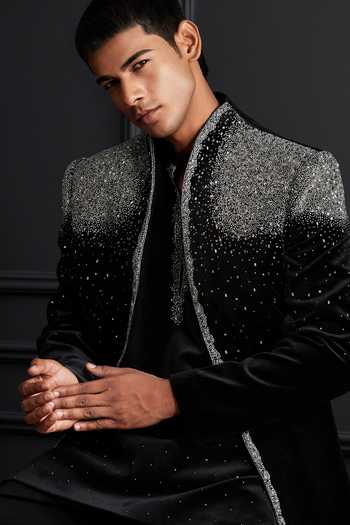Shop Soniya G Black Cotton, Velvet Noor-e-shab Embroidered Jacket And Kurta Set Shop_Soniya G_Black Cotton, Velvet Noor-e-shab Embroidered Jacket And Kurta Set