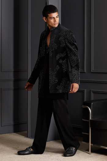 Shop_Soniya G_Black Cotton, Velvet Vyom Embroidered Jacket And Kurta Set _Online_at_Aza_Fashions