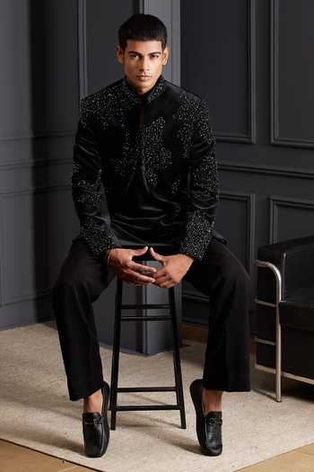 Shop_Soniya G_Black Cotton, Velvet Vyom Embroidered Jacket And Kurta Set 
