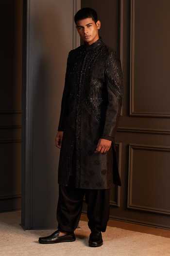 Shop Soniya G Black Silk Aarambh Embroidered Sherwani Set Online at Aza Fashions Shop_Soniya G_Black Silk Aarambh Embroidered Sherwani Set _Online_at_Aza_Fashions