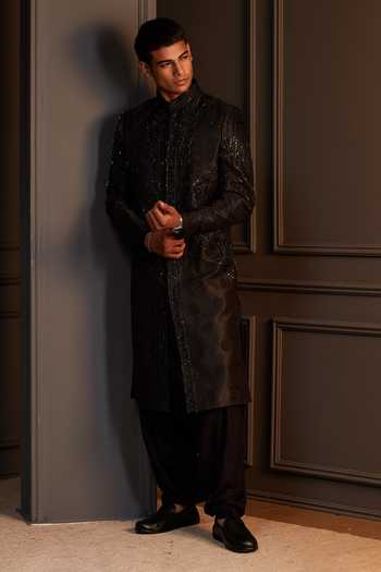 Soniya G Black Silk Aarambh Embroidered Sherwani Set at Aza Fashions Soniya G_Black Silk Aarambh Embroidered Sherwani Set _at_Aza_Fashions