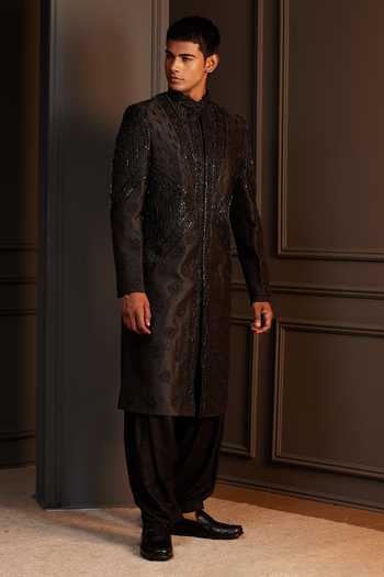Buy Soniya G Black Silk Aarambh Embroidered Sherwani Set Buy_Soniya G_Black Silk Aarambh Embroidered Sherwani Set