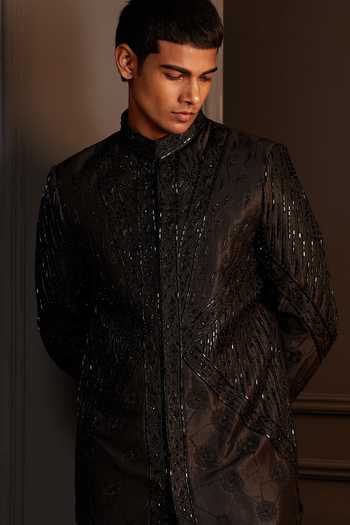 Shop Soniya G Black Silk Aarambh Embroidered Sherwani Set Shop_Soniya G_Black Silk Aarambh Embroidered Sherwani Set