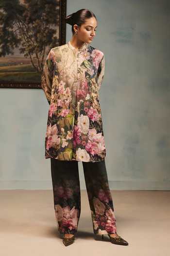 Buy Pankaj & Nidhi Multi Color Silk, Crepe Mandarin Collar, Yes Veinna Fenwick Tunic And Pant Set Online at Aza Fashions Buy_Pankaj & Nidhi_Multi Color Silk, Crepe Mandarin Collar, Yes Veinna Fenwick Tunic And Pant Set _Online_at_Aza_Fashions