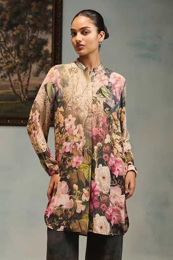 Shop Pankaj & Nidhi Multi Color Silk, Crepe Mandarin Collar, Yes Veinna Fenwick Tunic And Pant Set Online at Aza Fashions Shop_Pankaj & Nidhi_Multi Color Silk, Crepe Mandarin Collar, Yes Veinna Fenwick Tunic And Pant Set _Online_at_Aza_Fashions