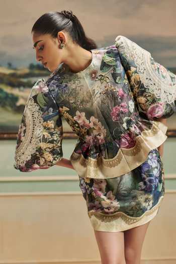 Pankaj & Nidhi Multi Color Twill Round Neck Veinna Hawthorne Jacket And Skirt Set Online at Aza Fashions Pankaj & Nidhi_Multi Color Twill Round Neck Veinna Hawthorne Jacket And Skirt Set _Online_at_Aza_Fashions