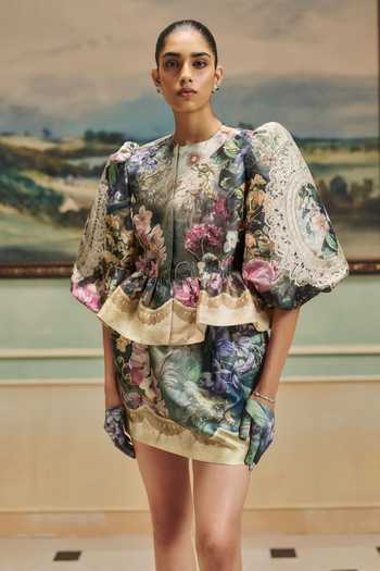 Pankaj & Nidhi Multi Color Twill Round Neck Veinna Hawthorne Jacket Online at Aza Fashions Pankaj & Nidhi_Multi Color Twill Round Neck Veinna Hawthorne Jacket _Online_at_Aza_Fashions