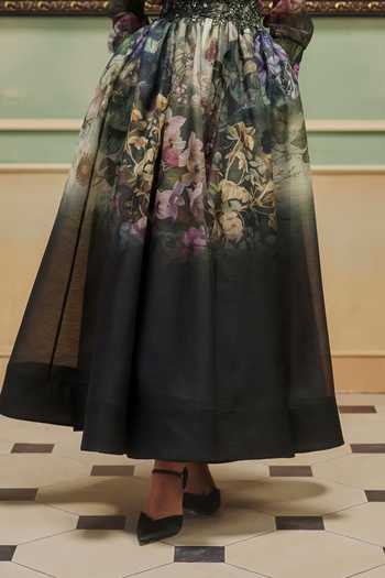 Pankaj & Nidhi Multi Color Organza, Chiffon V-neck Veinna Larkspur Top And Skirt Set Online at Aza Fashions Pankaj & Nidhi_Multi Color Organza, Chiffon V-neck Veinna Larkspur Top And Skirt Set _Online_at_Aza_Fashions