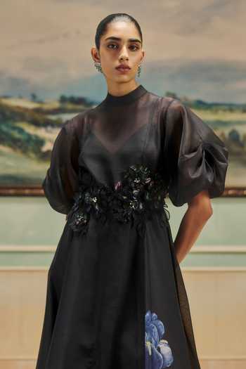 Pankaj & Nidhi_Black Organza High Neck Veinna Nightbloom Dress _Online_at_Aza_Fashions