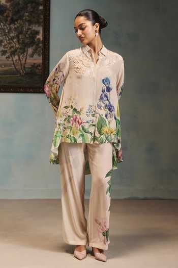 Pankaj & Nidhi Ivory Silk, Crepe Mandarin Collar Veinna Aven Lora Tunic Online at Aza Fashions Pankaj & Nidhi_Ivory Silk, Crepe Mandarin Collar Veinna Aven Lora Tunic _Online_at_Aza_Fashions