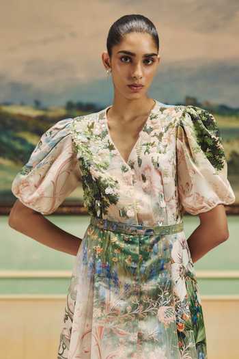 Buy Pankaj & Nidhi Multi Color Satin V-neck Veinna Amberlace Dress Online at Aza Fashions Buy_Pankaj & Nidhi_Multi Color Satin V-neck Veinna Amberlace Dress _Online_at_Aza_Fashions