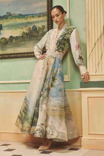 Pankaj & Nidhi_Multi Color Chiffon Shawl Neck Veinna Sablewood Top _Online_at_Aza_Fashions