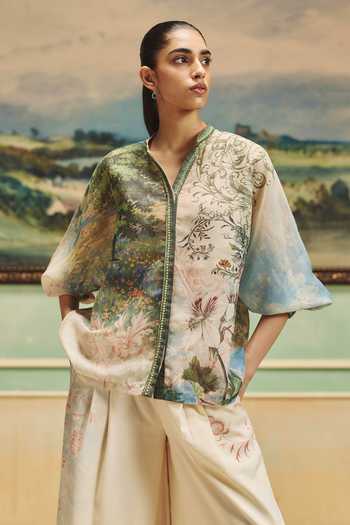 Pankaj & Nidhi_Multi Color Linen, Lurex Mandarin Collar Veinna Cyprine Shirt _Online_at_Aza_Fashions
