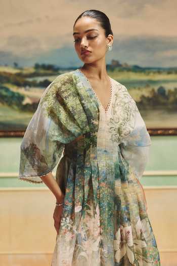 Buy Pankaj & Nidhi Multi Color Organza V-neck Veinna Sylvara Pleated Dress Online at Aza Fashions Buy_Pankaj & Nidhi_Multi Color Organza V-neck Veinna Sylvara Pleated Dress _Online_at_Aza_Fashions