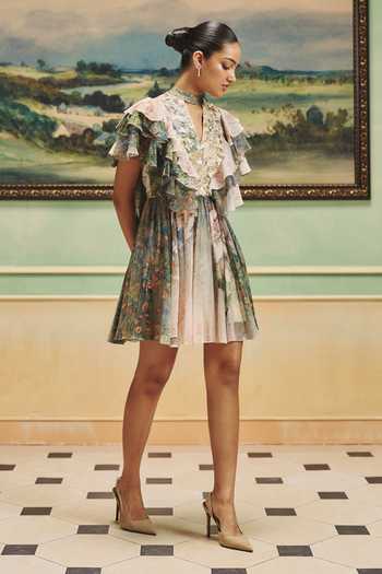 Pankaj & Nidhi Multi Color Chiffon Plunge Neck Veinna Marigold Hollow Dress Online at Aza Fashions Pankaj & Nidhi_Multi Color Chiffon Plunge Neck Veinna Marigold Hollow Dress _Online_at_Aza_Fashions