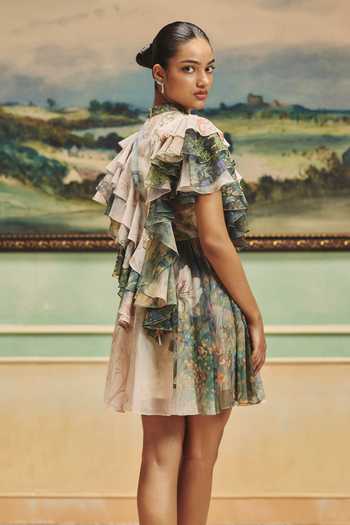 Buy Pankaj & Nidhi Multi Color Chiffon Plunge Neck Veinna Marigold Hollow Dress Online at Aza Fashions Buy_Pankaj & Nidhi_Multi Color Chiffon Plunge Neck Veinna Marigold Hollow Dress _Online_at_Aza_Fashions