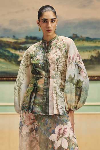 Shop Pankaj & Nidhi Multi Color Organza Mandarin Collar Veinna Linnet Top And Skirt Set Online at Aza Fashions Shop_Pankaj & Nidhi_Multi Color Organza Mandarin Collar Veinna Linnet Top And Skirt Set _Online_at_Aza_Fashions