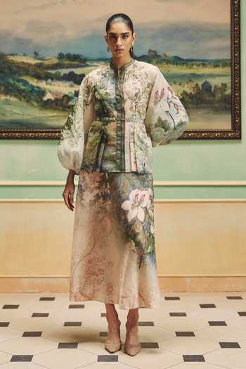 Pankaj & Nidhi_Multi Color Organza Mandarin Collar Veinna Linnet Top _Online_at_Aza_Fashions