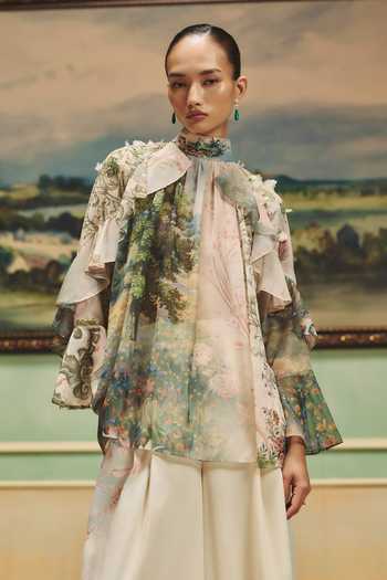 Shop Pankaj & Nidhi Multi Color Georgette, Chiffon High Neck Veinna Copperleaf Top And Pant Set Online at Aza Fashions Shop_Pankaj & Nidhi_Multi Color Georgette, Chiffon High Neck Veinna Copperleaf Top And Pant Set _Online_at_Aza_Fashions