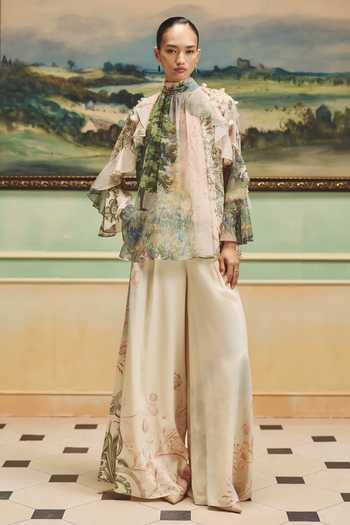 Pankaj & Nidhi_Multi Color Chiffon High Neck Veinna Copperleaf Top _Online_at_Aza_Fashions